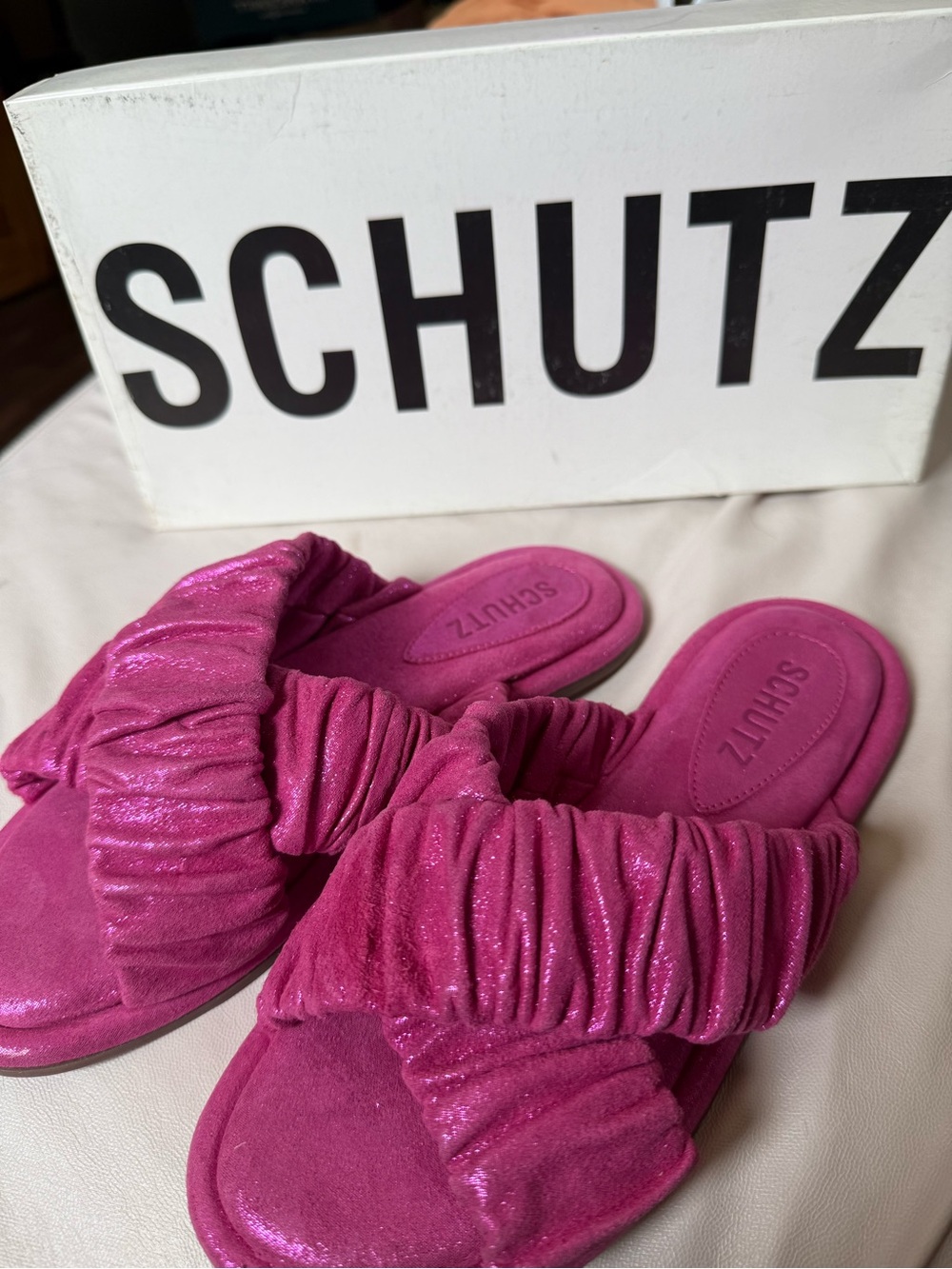 SCHUTZ Pink Fuchsia Ruched Slide Sandals